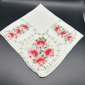 🟢 Vintage Floral Handkerchief – Red Roses & Butterfly – 12"x12" Cotton